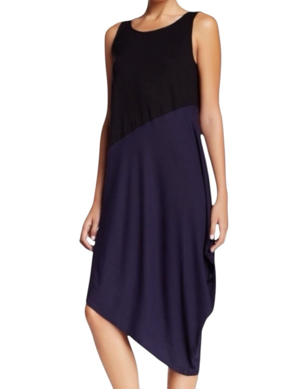 Eileen Fisher Black/Navy Colorblock Coastal Sleeveless Asymmetric Hem Dress